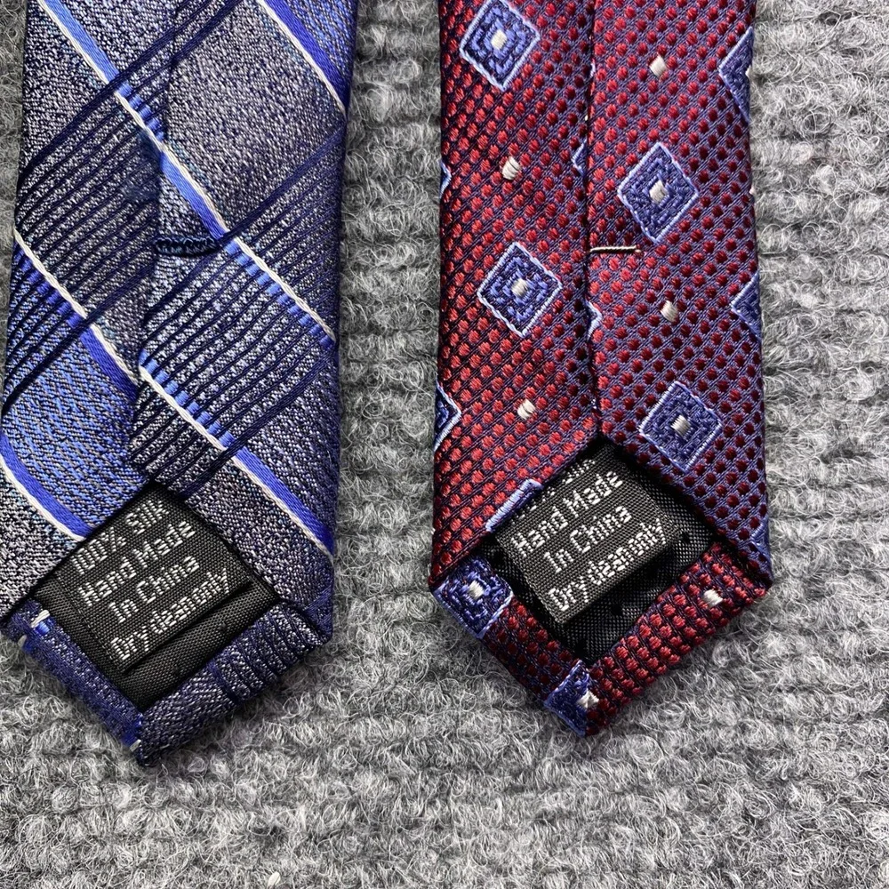 Pronto Uomo Mens Silk Tie Lot of 2 Blue Plaid & Burgundy‎ Geometric Platinum